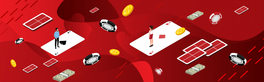two online gambler surrounded with cards and coins